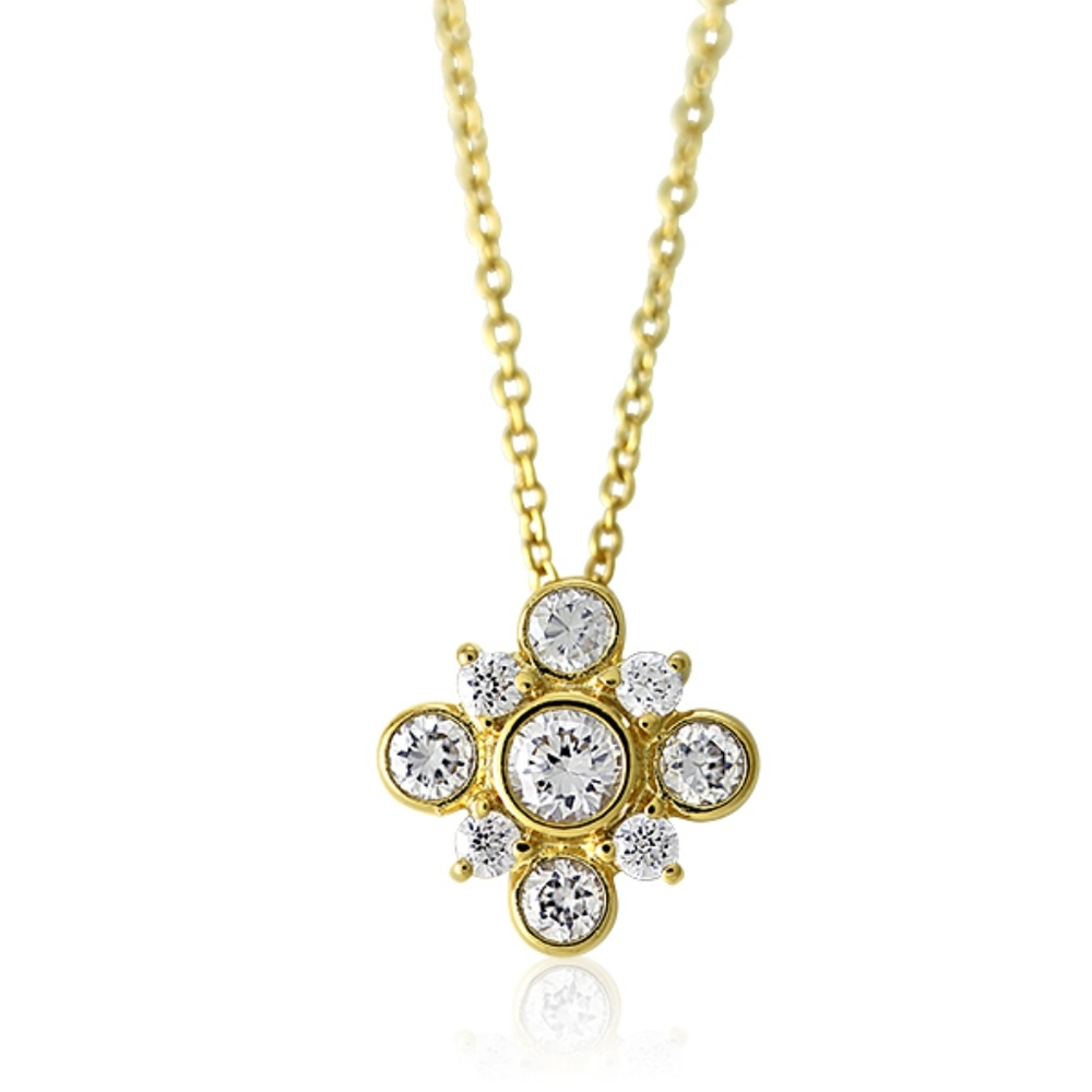 Gold Floral Pendant | Gold Plated Sterling Silver & Cubic Zirconia | Brand New